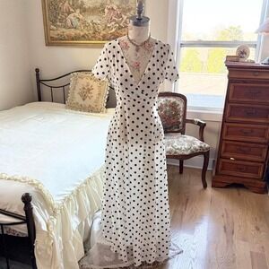 vintage white black polka dot maxi dress Liranmei size small